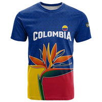 Colombia Heliconia Flower T Shirt with Flag Colors and Blue Cultural Pattern Design - Wonder Print Shop