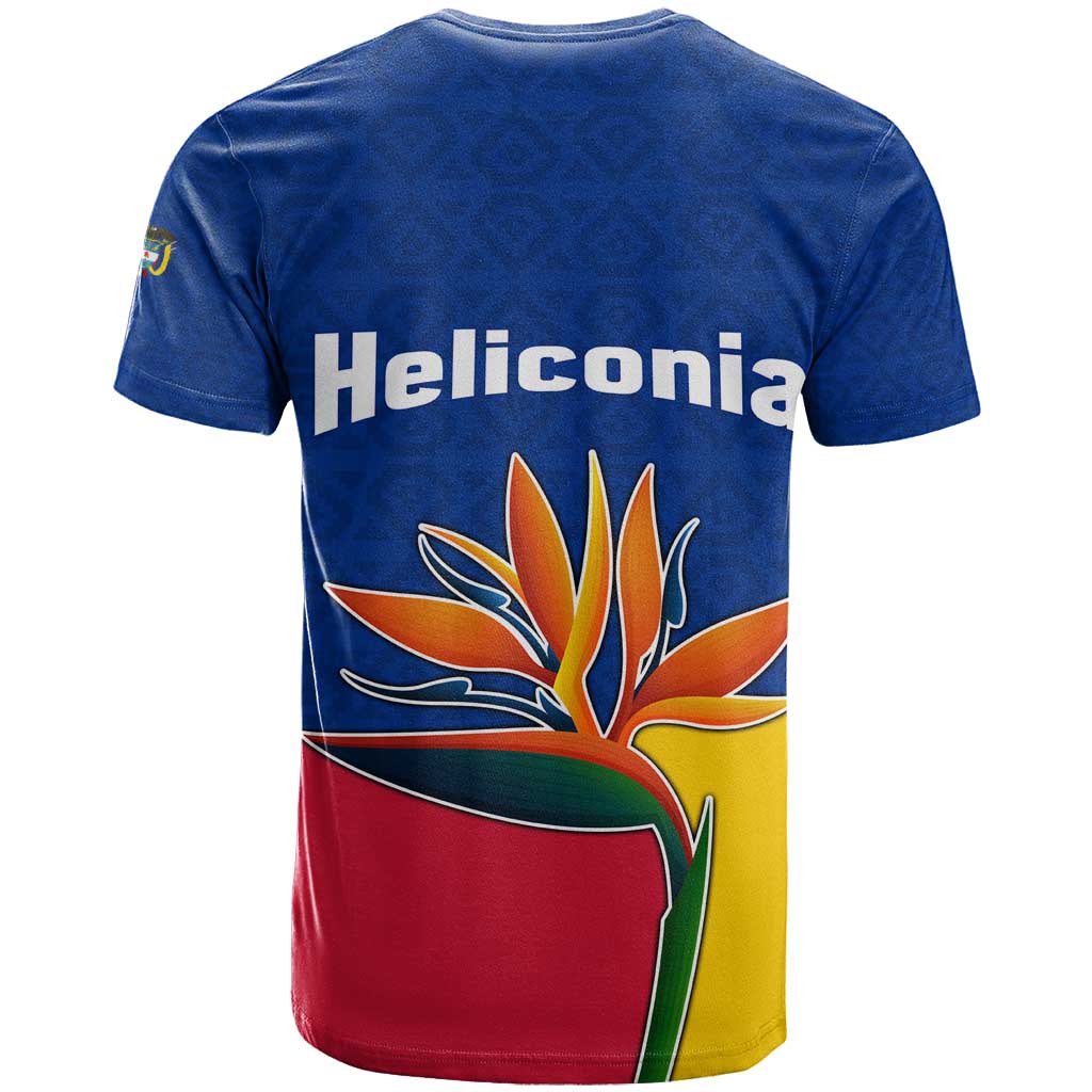 Colombia Heliconia Flower T Shirt with Flag Colors and Blue Cultural Pattern Design - Wonder Print Shop