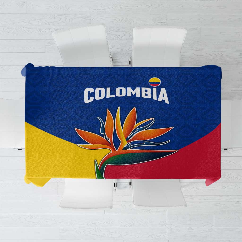 Colombia Heliconia Flower Tablecloth with Flag Colors and Blue Cultural Pattern Design - Wonder Print Shop