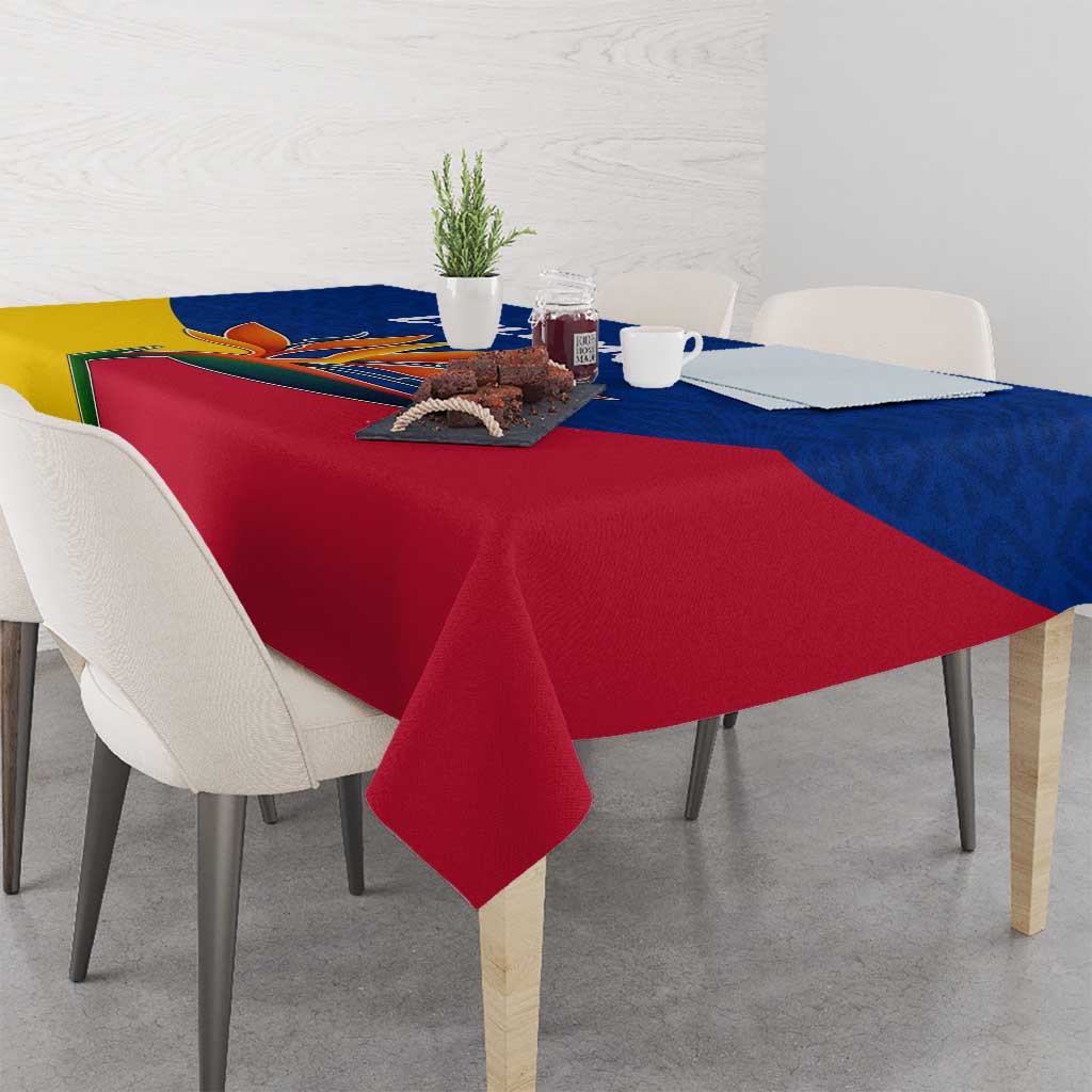 Colombia Heliconia Flower Tablecloth with Flag Colors and Blue Cultural Pattern Design - Wonder Print Shop