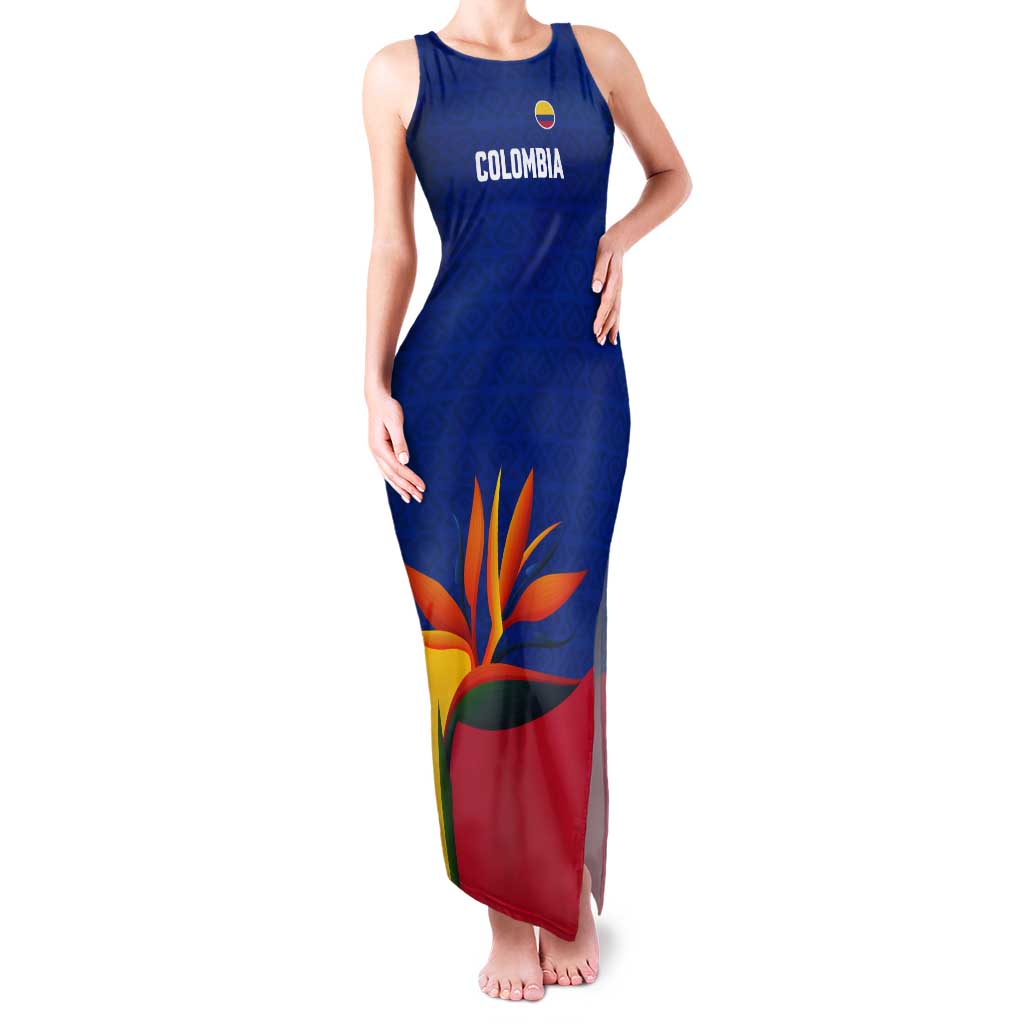 Colombia Heliconia Flower Tank Maxi Dress with Flag Colors and Blue Cultural Pattern Design - Wonder Print Shop