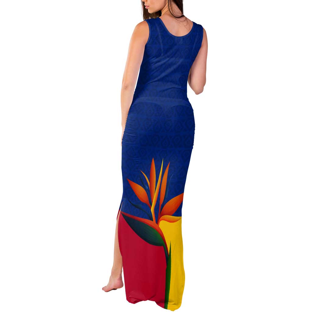Colombia Heliconia Flower Tank Maxi Dress with Flag Colors and Blue Cultural Pattern Design - Wonder Print Shop