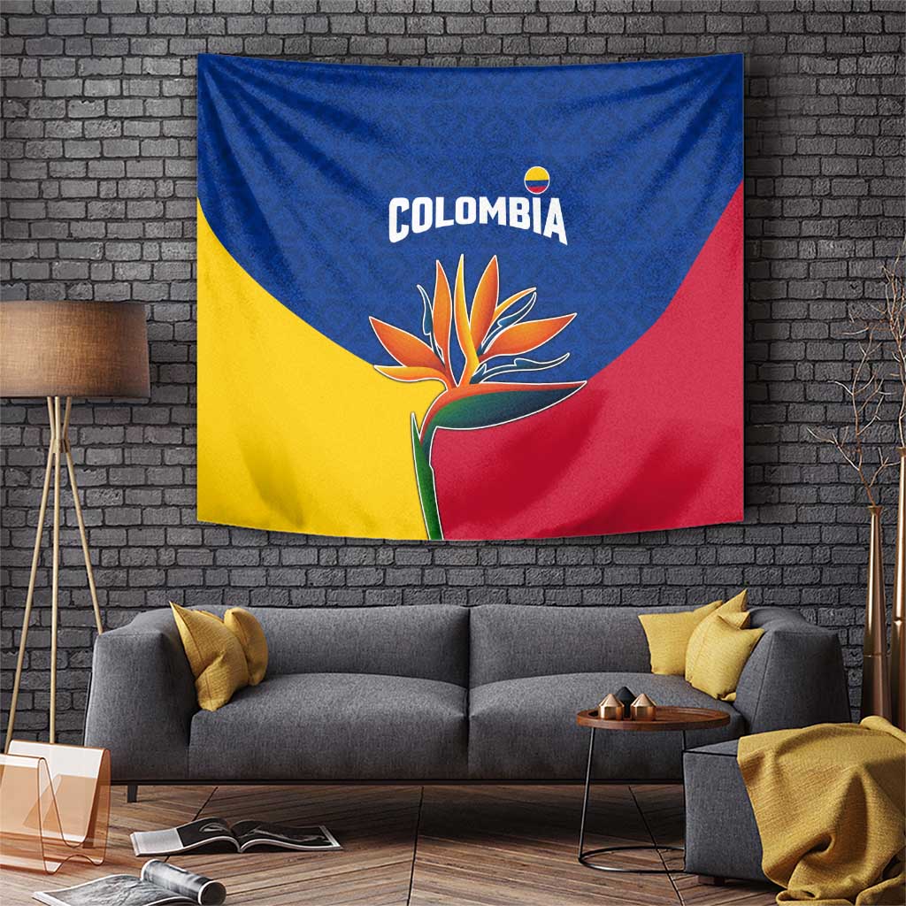 Colombia Heliconia Flower Tapestry with Flag Colors and Blue Cultural Pattern Design - Wonder Print Shop
