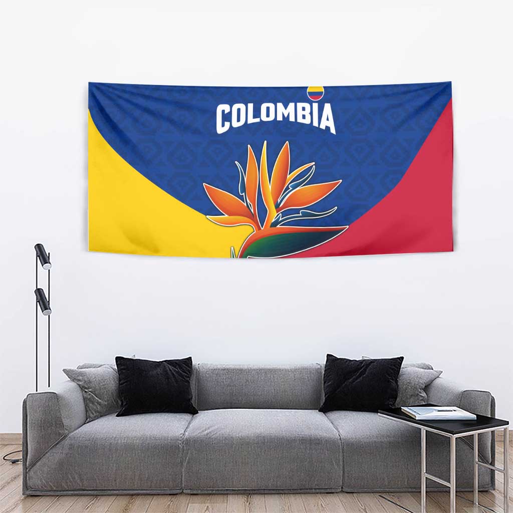 Colombia Heliconia Flower Tapestry with Flag Colors and Blue Cultural Pattern Design - Wonder Print Shop