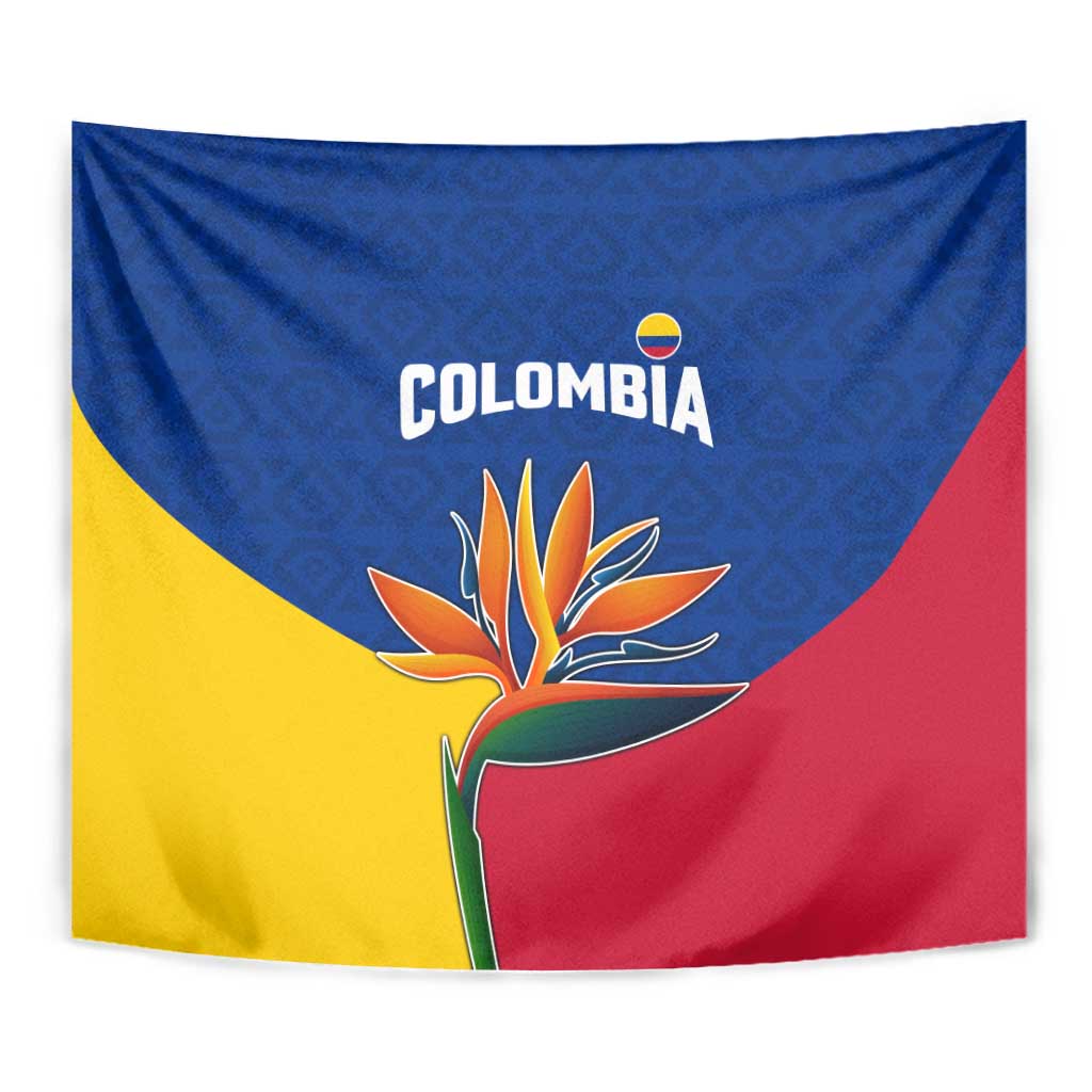 Colombia Heliconia Flower Tapestry with Flag Colors and Blue Cultural Pattern Design - Wonder Print Shop