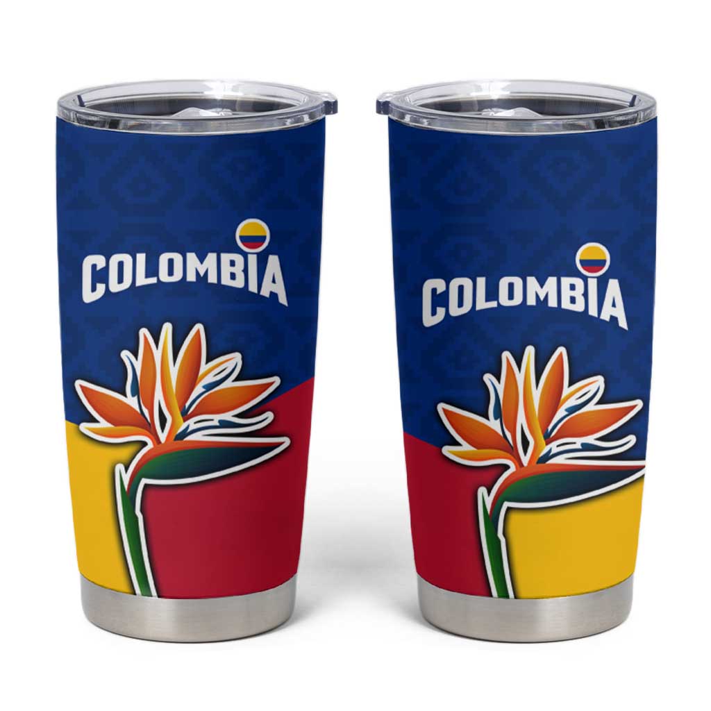 Colombia Heliconia Flower Tumbler Cup with Flag Colors and Blue Cultural Pattern Design - Wonder Print Shop