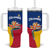 Colombia Heliconia Flower Tumbler With Handle with Flag Colors and Blue Cultural Pattern Design - Wonder Print Shop