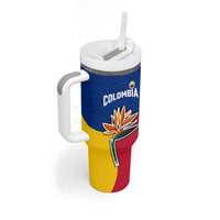 Colombia Heliconia Flower Tumbler With Handle with Flag Colors and Blue Cultural Pattern Design - Wonder Print Shop