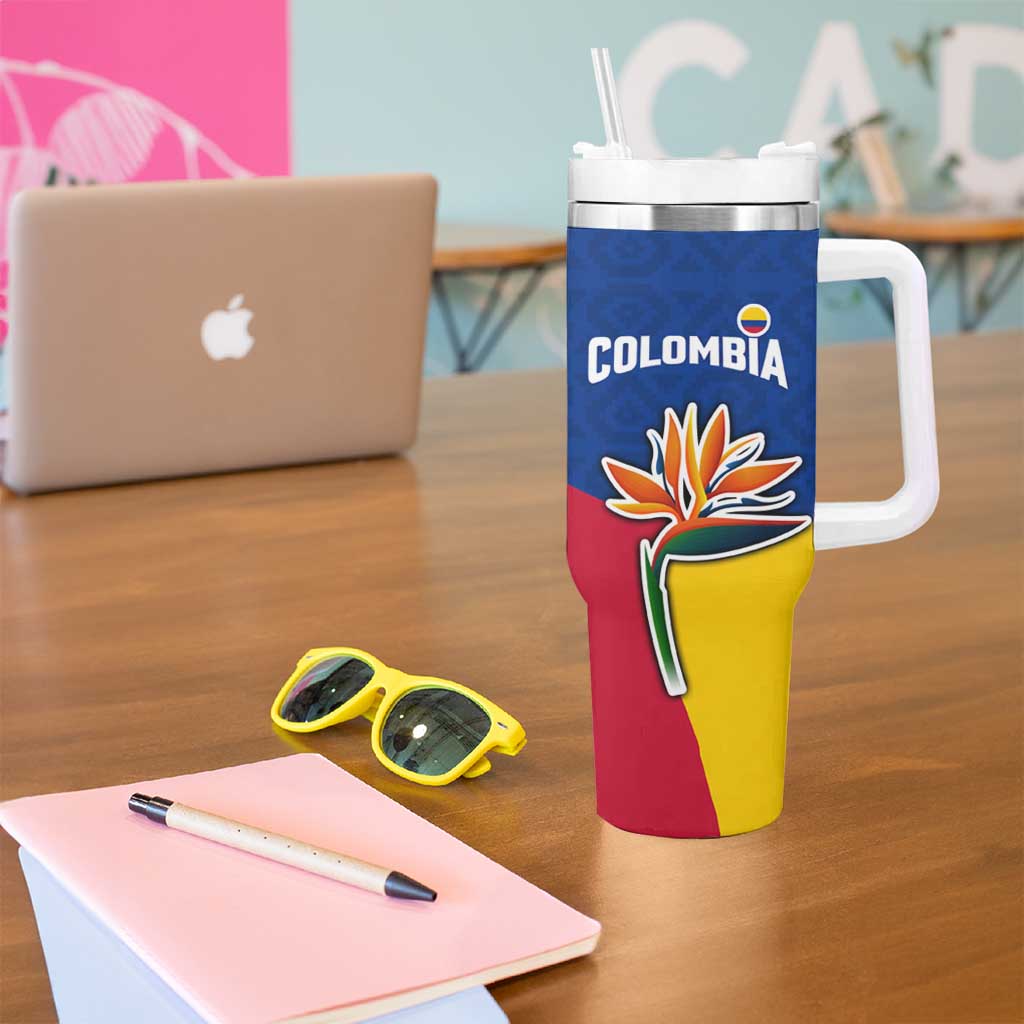 Colombia Heliconia Flower Tumbler With Handle with Flag Colors and Blue Cultural Pattern Design - Wonder Print Shop