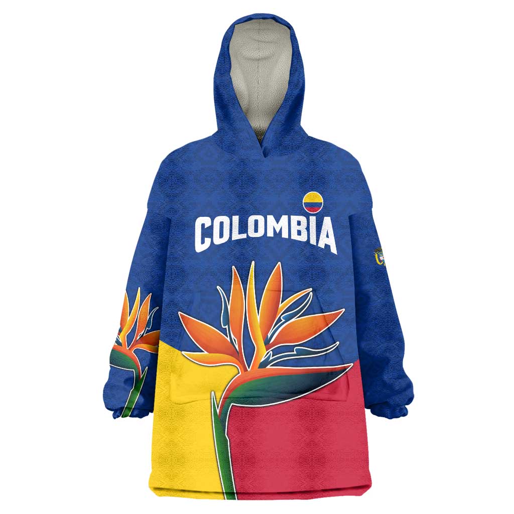 Colombia Heliconia Flower Wearable Blanket Hoodie with Flag Colors and Blue Cultural Pattern Design - Wonder Print Shop