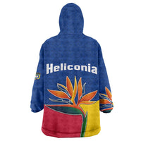 Colombia Heliconia Flower Wearable Blanket Hoodie with Flag Colors and Blue Cultural Pattern Design - Wonder Print Shop
