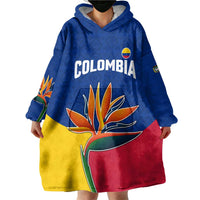 Colombia Heliconia Flower Wearable Blanket Hoodie with Flag Colors and Blue Cultural Pattern Design - Wonder Print Shop