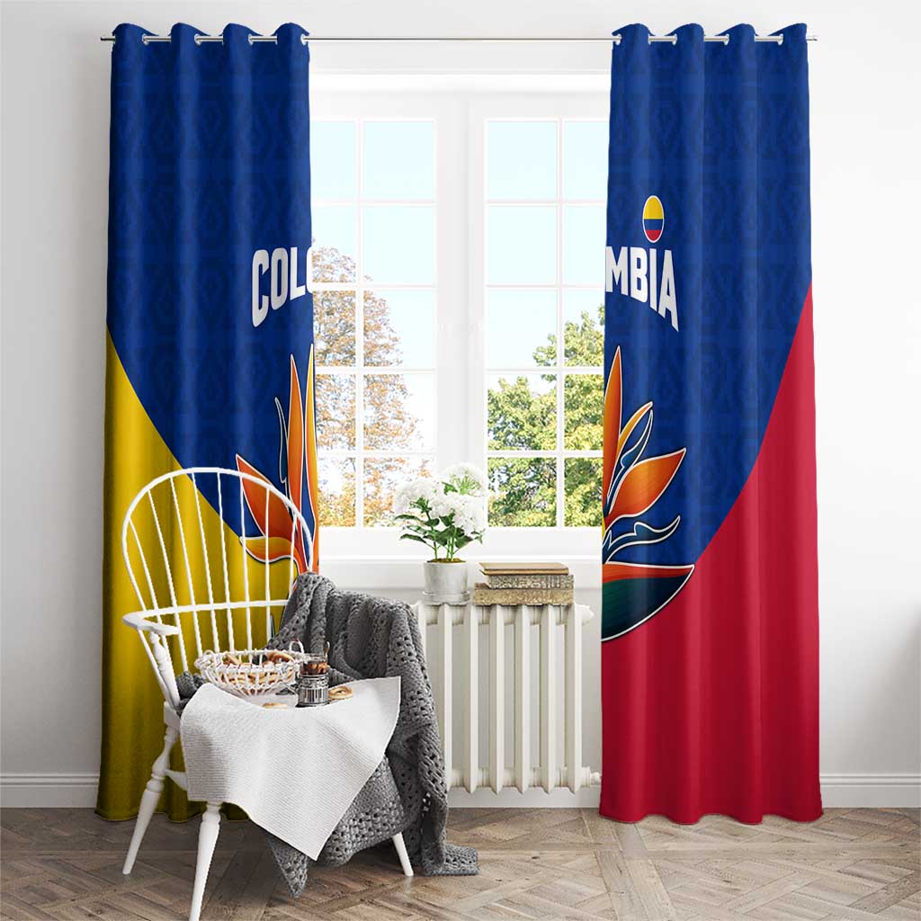 Colombia Heliconia Flower Window Curtain with Flag Colors and Blue Cultural Pattern Design - Wonder Print Shop