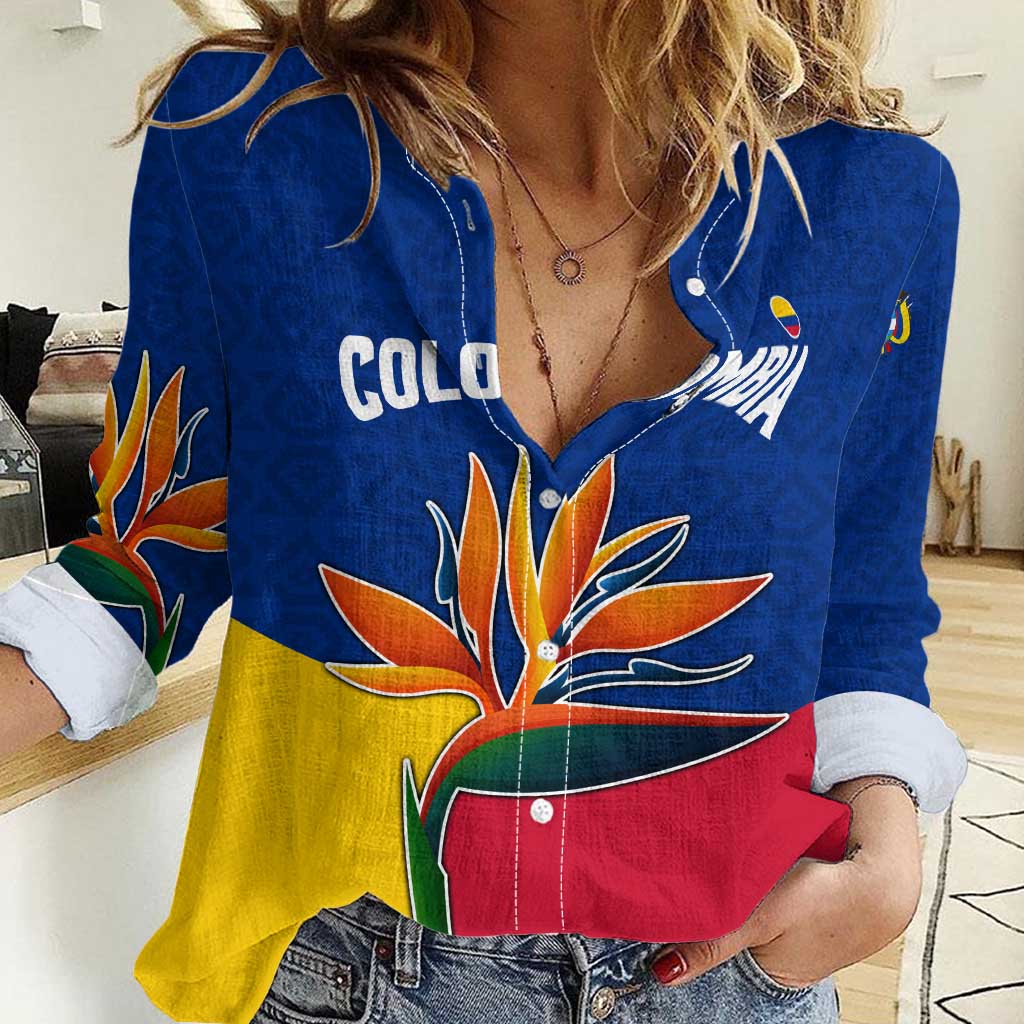 Colombia Heliconia Flower Women Casual Shirt with Flag Colors and Blue Cultural Pattern Design - Wonder Print Shop