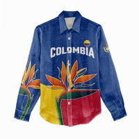 Colombia Heliconia Flower Women Casual Shirt with Flag Colors and Blue Cultural Pattern Design - Wonder Print Shop