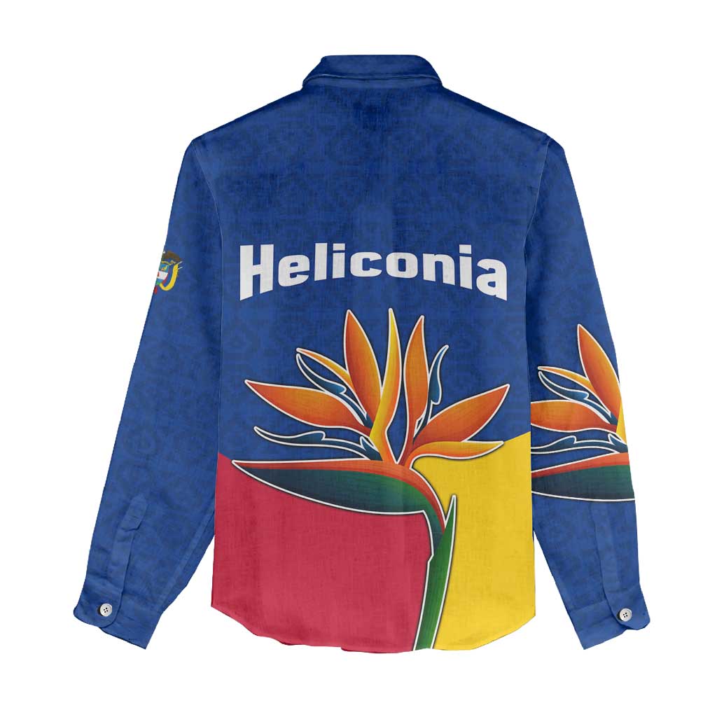 Colombia Heliconia Flower Women Casual Shirt with Flag Colors and Blue Cultural Pattern Design - Wonder Print Shop