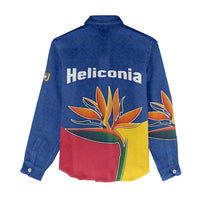 Colombia Heliconia Flower Women Casual Shirt with Flag Colors and Blue Cultural Pattern Design - Wonder Print Shop