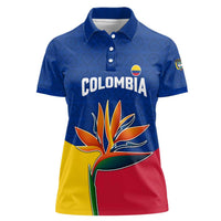 Colombia Heliconia Flower Women Polo Shirt with Flag Colors and Blue Cultural Pattern Design - Wonder Print Shop