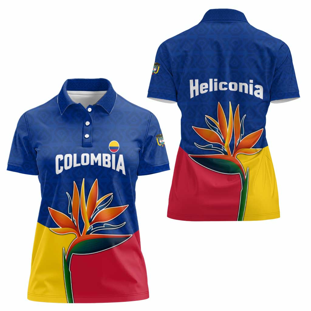 Colombia Heliconia Flower Women Polo Shirt with Flag Colors and Blue Cultural Pattern Design - Wonder Print Shop