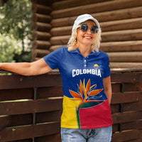 Colombia Heliconia Flower Women Polo Shirt with Flag Colors and Blue Cultural Pattern Design - Wonder Print Shop