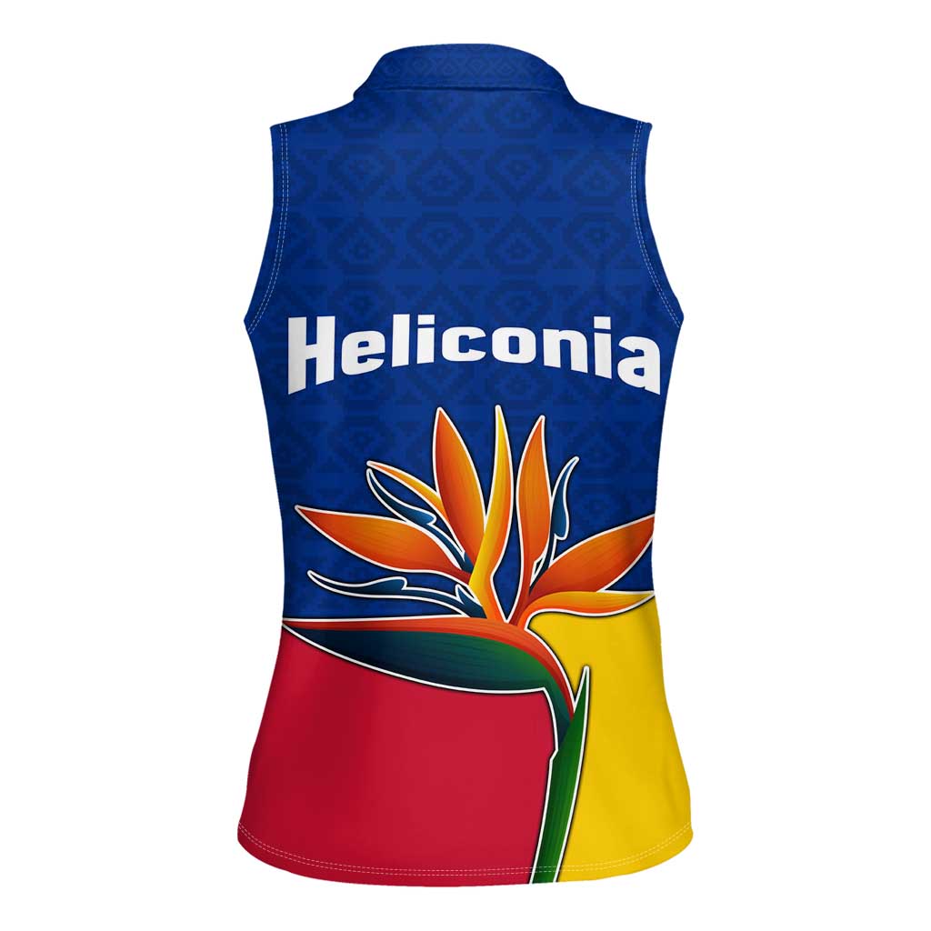 Colombia Heliconia Flower Women Sleeveless Polo Shirt with Flag Colors and Blue Cultural Pattern Design - Wonder Print Shop