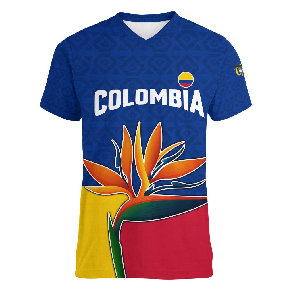 Colombia Heliconia Flower Women V-Neck T-Shirt with Flag Colors and Blue Cultural Pattern Design - Wonder Print Shop