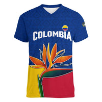 Colombia Heliconia Flower Women V-Neck T-Shirt with Flag Colors and Blue Cultural Pattern Design - Wonder Print Shop