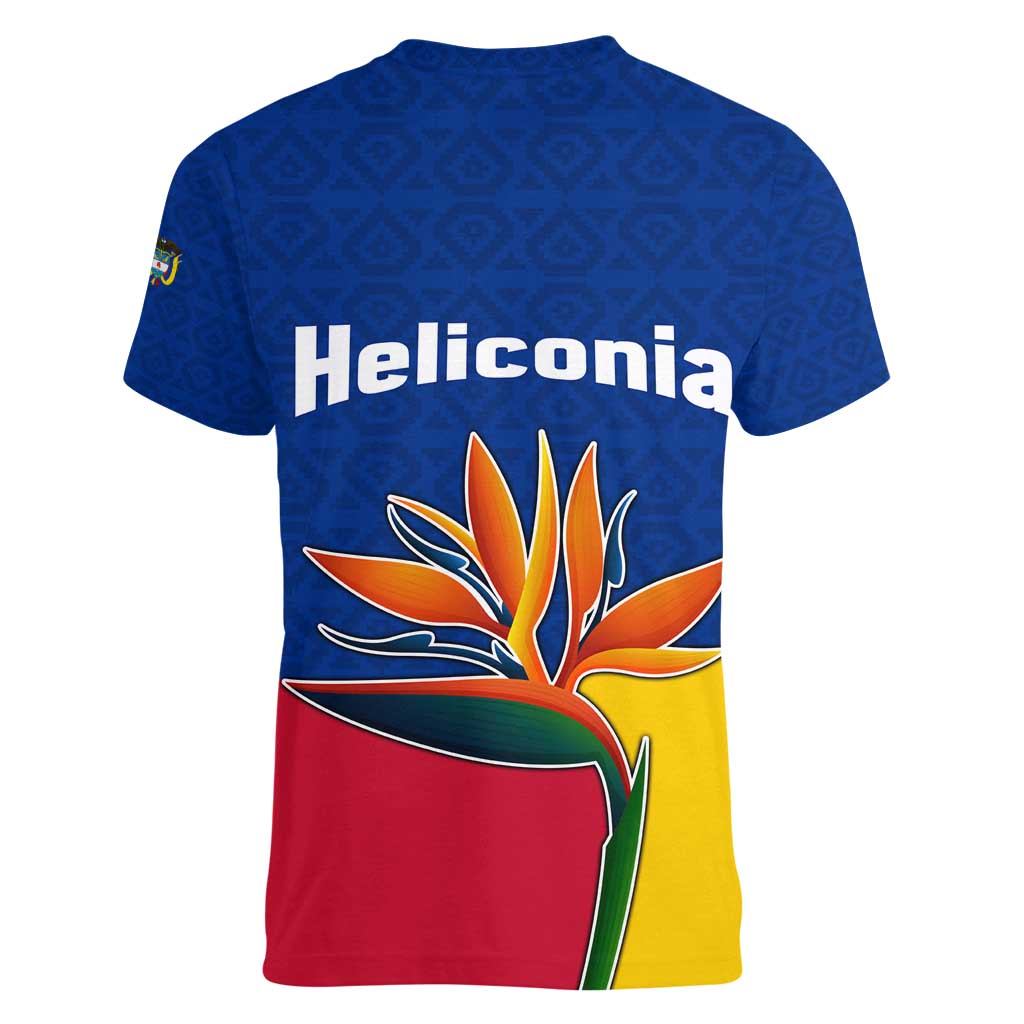 Colombia Heliconia Flower Women V-Neck T-Shirt with Flag Colors and Blue Cultural Pattern Design - Wonder Print Shop