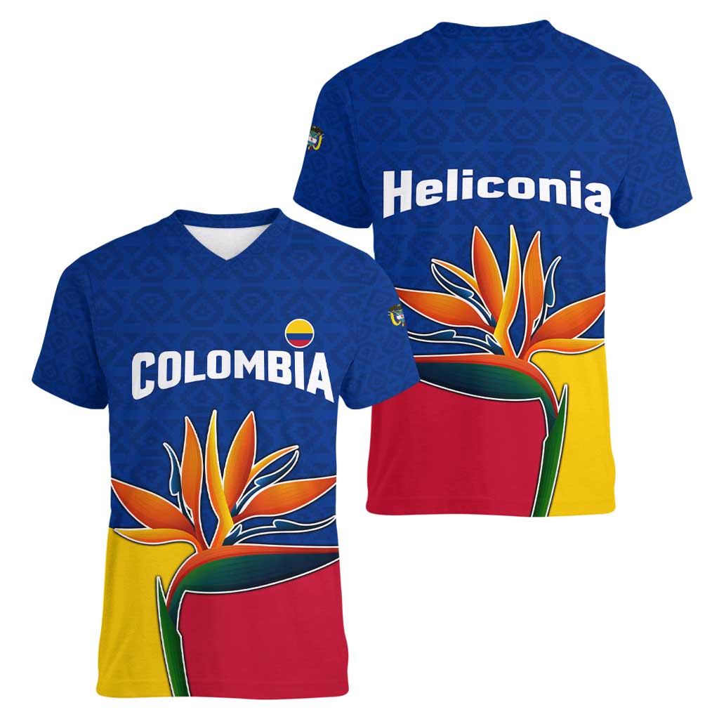 Colombia Heliconia Flower Women V-Neck T-Shirt with Flag Colors and Blue Cultural Pattern Design - Wonder Print Shop