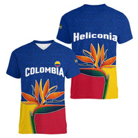 Colombia Heliconia Flower Women V-Neck T-Shirt with Flag Colors and Blue Cultural Pattern Design - Wonder Print Shop