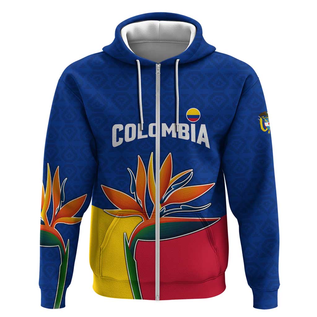 Colombia Heliconia Flower Zip Hoodie with Flag Colors and Blue Cultural Pattern Design - Wonder Print Shop