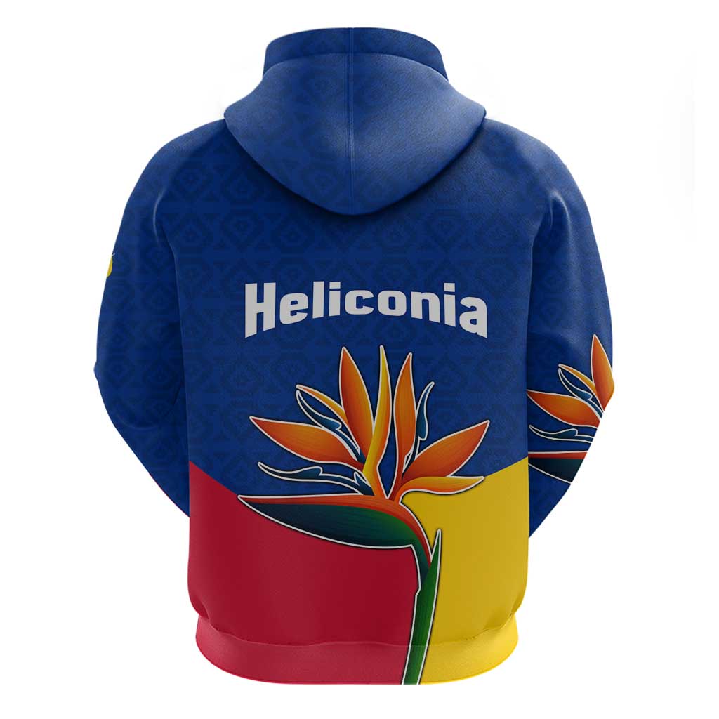 Colombia Heliconia Flower Zip Hoodie with Flag Colors and Blue Cultural Pattern Design - Wonder Print Shop