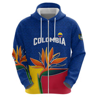 Colombia Heliconia Flower Zip Hoodie with Flag Colors and Blue Cultural Pattern Design - Wonder Print Shop