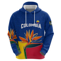 Colombia Heliconia Flower Zip Hoodie with Flag Colors and Blue Cultural Pattern Design - Wonder Print Shop