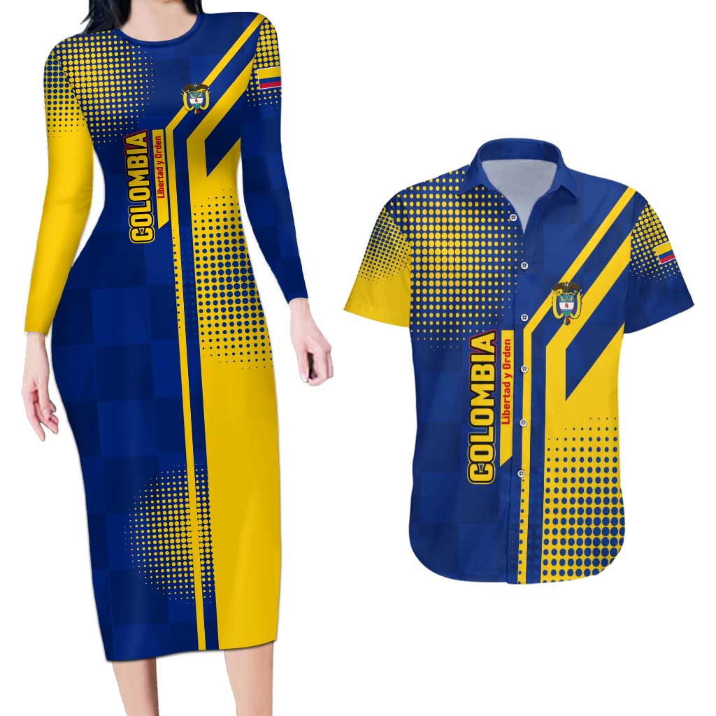 Colombia Flag Colors Couples Matching Long Sleeve Bodycon Dress and Hawaiian Shirt with National Crest and Libertad y Orden Motto Design - Wonder Print Shop