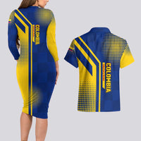 Colombia Flag Colors Couples Matching Long Sleeve Bodycon Dress and Hawaiian Shirt with National Crest and Libertad y Orden Motto Design - Wonder Print Shop