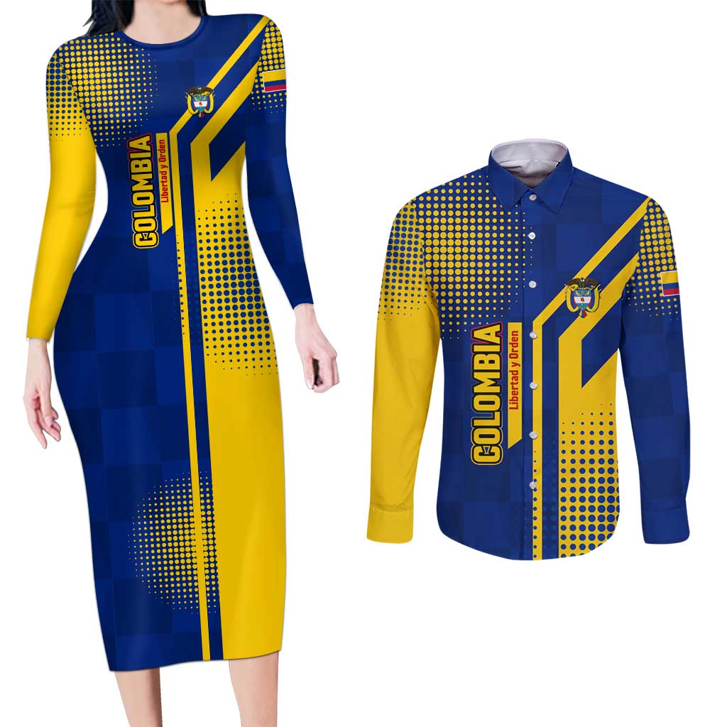 Colombia Flag Colors Couples Matching Long Sleeve Bodycon Dress and Long Sleeve Button Shirt with National Crest and Libertad y Orden Motto Design - Wonder Print Shop