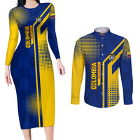 Colombia Flag Colors Couples Matching Long Sleeve Bodycon Dress and Long Sleeve Button Shirt with National Crest and Libertad y Orden Motto Design - Wonder Print Shop
