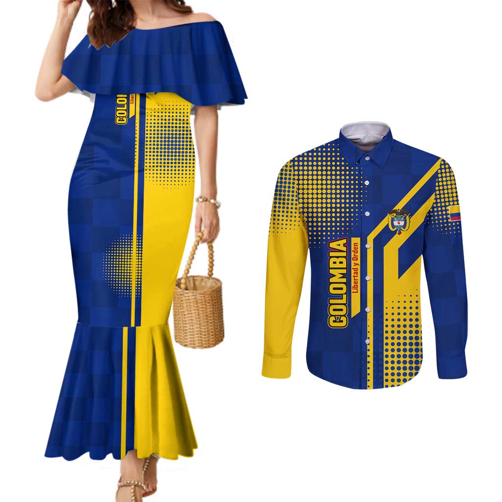 Colombia Flag Colors Couples Matching Mermaid Dress and Long Sleeve Button Shirt with National Crest and Libertad y Orden Motto Design - Wonder Print Shop