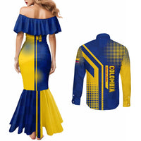 Colombia Flag Colors Couples Matching Mermaid Dress and Long Sleeve Button Shirt with National Crest and Libertad y Orden Motto Design - Wonder Print Shop