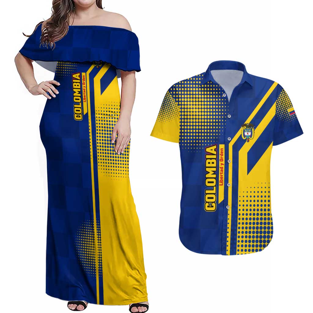 Colombia Flag Colors Couples Matching Off Shoulder Maxi Dress and Hawaiian Shirt with National Crest and Libertad y Orden Motto Design - Wonder Print Shop