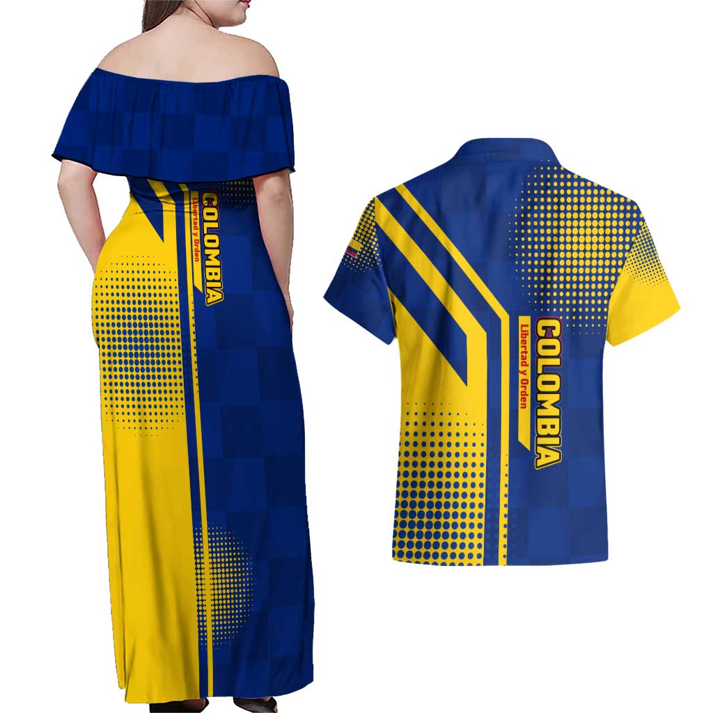 Colombia Flag Colors Couples Matching Off Shoulder Maxi Dress and Hawaiian Shirt with National Crest and Libertad y Orden Motto Design - Wonder Print Shop