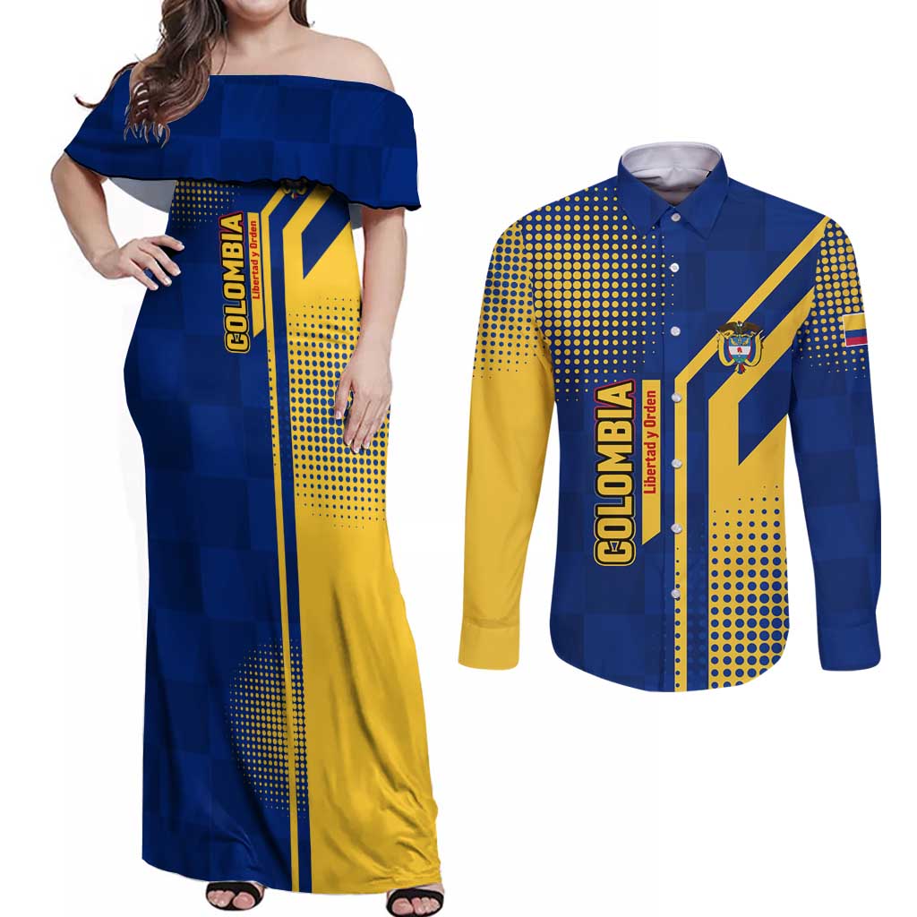 Colombia Flag Colors Couples Matching Off Shoulder Maxi Dress and Long Sleeve Button Shirt with National Crest and Libertad y Orden Motto Design - Wonder Print Shop