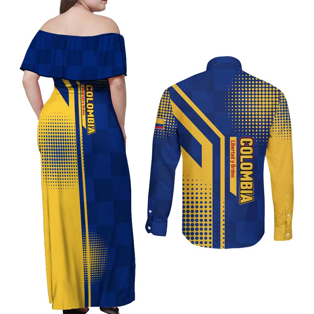 Colombia Flag Colors Couples Matching Off Shoulder Maxi Dress and Long Sleeve Button Shirt with National Crest and Libertad y Orden Motto Design - Wonder Print Shop