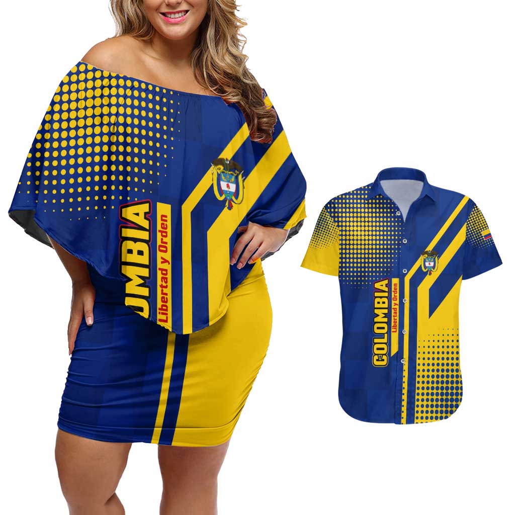 Colombia Flag Colors Couples Matching Off Shoulder Short Dress and Hawaiian Shirt with National Crest and Libertad y Orden Motto Design - Wonder Print Shop