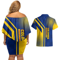 Colombia Flag Colors Couples Matching Off Shoulder Short Dress and Hawaiian Shirt with National Crest and Libertad y Orden Motto Design - Wonder Print Shop