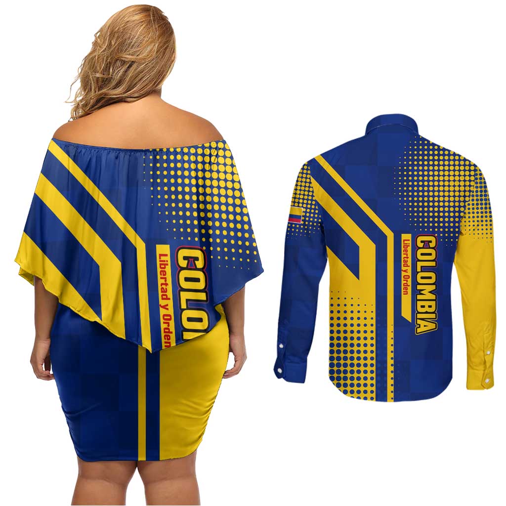 Colombia Flag Colors Couples Matching Off Shoulder Short Dress and Long Sleeve Button Shirt with National Crest and Libertad y Orden Motto Design - Wonder Print Shop