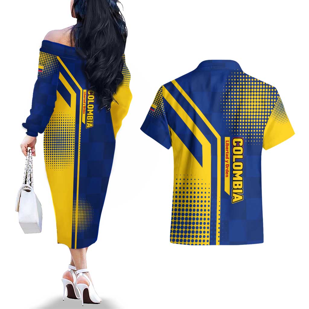 Colombia Flag Colors Couples Matching Off The Shoulder Long Sleeve Dress and Hawaiian Shirt with National Crest and Libertad y Orden Motto Design - Wonder Print Shop