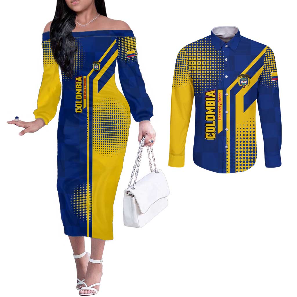 Colombia Flag Colors Couples Matching Off The Shoulder Long Sleeve Dress and Long Sleeve Button Shirt with National Crest and Libertad y Orden Motto Design - Wonder Print Shop