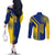 Colombia Flag Colors Couples Matching Off The Shoulder Long Sleeve Dress and Long Sleeve Button Shirt with National Crest and Libertad y Orden Motto Design - Wonder Print Shop